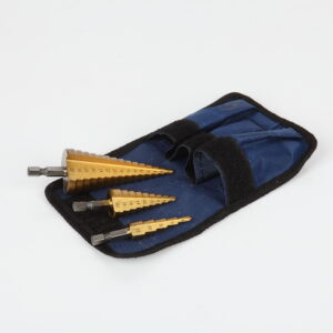 Set van drie Ironant trappenboren, hex schacht, met opberghoes. 4-12, 4-20 en 4-32mm met rechte groeve