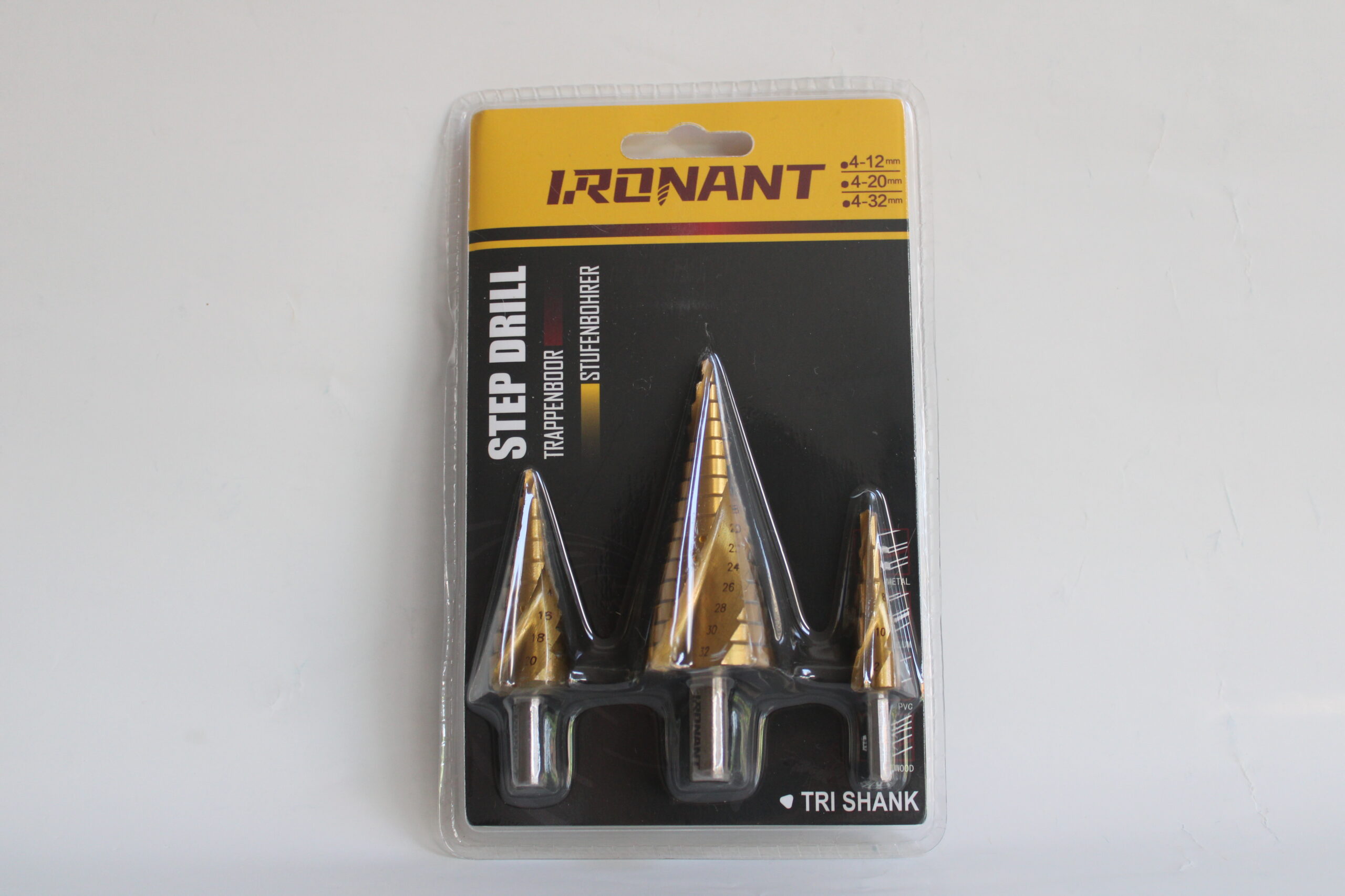 Ironant set trappenboren 4-12, 4-20 en 4-32mm gemaakt uit HSS staal en met tin coating voor het boren van gaten in onder andere metaal, hout en plastics
